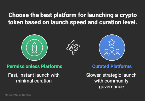 Spectrum comparison chart showing permissionless vs curated crypto platforms, from fully open launches like Pump.fun to highly curated platforms like MetaDAO
