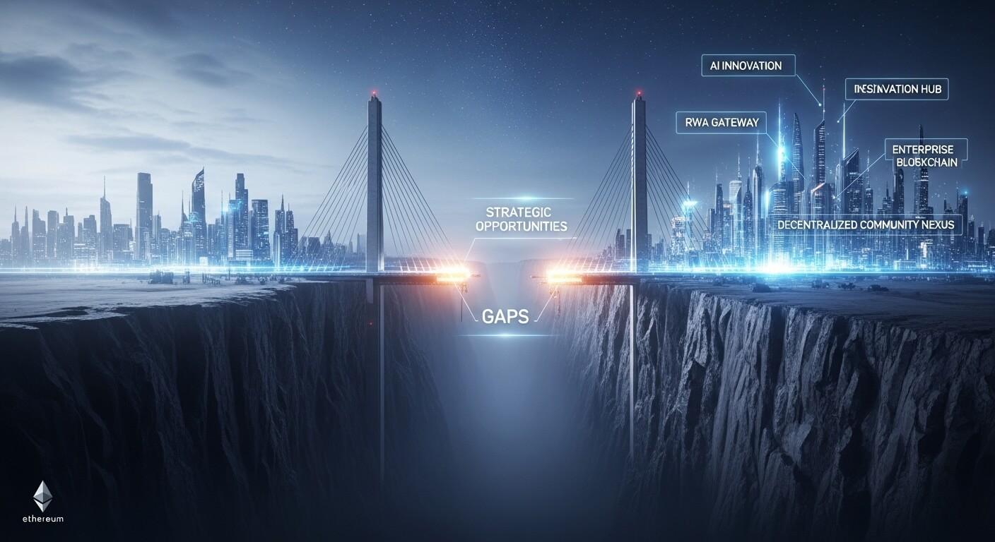 A conceptual image showing a futuristic bridge extending from an 'Ethereum Network Base' across a chasm towards a glowing, futuristic city. This city represents the future of Web3, with distinct illuminated districts labeled as 'RWA Gateway', 'AI Innovation Hub Gateway', 'Enterprise Blockchain District', and 'Decentralized Community Nexus', each signifying strategic opportunities. The image visually represents the emerging gaps in the Ethereum landscape and the potential to bridge towards these future areas of innovation.