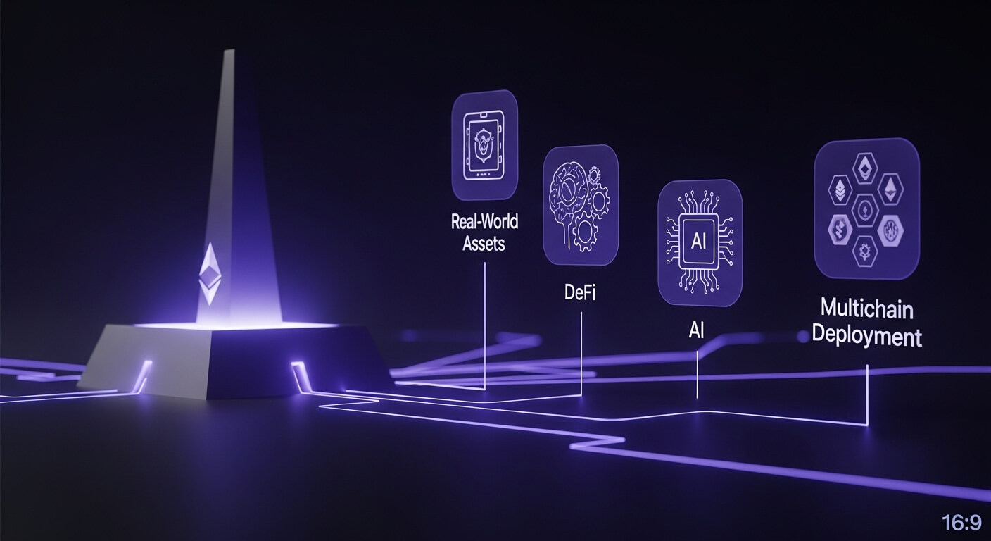 A sleek, glowing Ethereum tower serves as a central launchpad, with vibrant purple data lines extending to four distinct, illuminated modules. These modules represent key areas of evolution for Ethereum launchpads: 'Real-World Assets' (depicted with a shield and document icon), 'DeFi' (with gears and a network icon), 'AI' (with a microchip and neural network icon), and 'Multichain Deployment' (with interconnected blockchain symbols). The image conveys the strategic expansion and robust infrastructure of Ethereum for long-term projects.