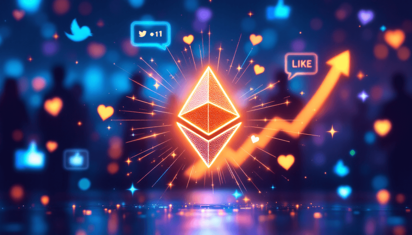 A glowing Ethereum token at the center of a vibrant, interconnected digital network. Bright lines extend outwards, connecting to various social media icons like Twitter birds, 'like' thumbs-up, heart symbols, and Instagram logos, all glowing with neon pink, blue, and orange. In the background, a rising green graph line symbolizes growth and momentum, while blurred silhouettes of people suggest community engagement. The image powerfully illustrates how social visibility drives momentum for Ethereum token launches.