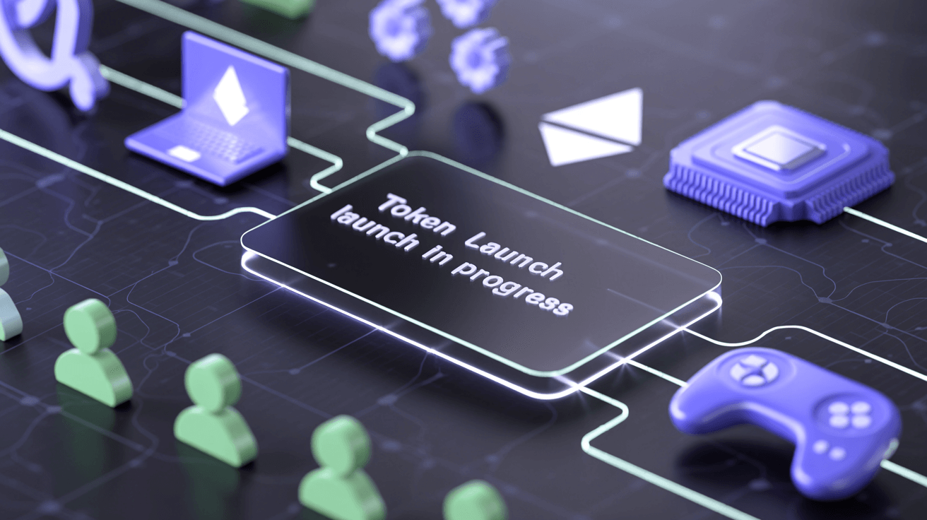 A glowing, translucent Ethereum-themed digital launchpad interface showing 'Token Launch in Progress'. The image depicts various investor types (stylized human figures, laptops) connected by secure data lines to a central platform. On the right, icons represent emerging token categories: a CPU chip for AI, a game controller for gaming, and intertwined gears for DeFi. The background is a subtle, blurred blockchain network in deep blues, purples, and electric greens, emphasizing security and innovation.