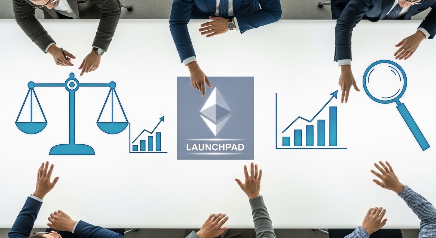 An overhead, photorealistic view of several professionals seated around a modern white conference table. Their hands are visible, some pointing towards the center. On the table, several blue icons are prominently displayed: a balanced scale representing alignment and fairness, an Ethereum logo with 'LAUNCHPAD' text underneath, two bar charts showing upward growth, and a magnifying glass symbolizing careful evaluation. The image conveys the strategic and thorough process founders use to assess Ethereum launchpads for long-term upside.