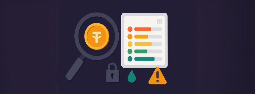 Comprehensive crypto token scanning guide illustration showing magnifying glass analyzing token with security report, padlock for smart contract security, droplet for liquidity analysis, and warning icons for risk assessment