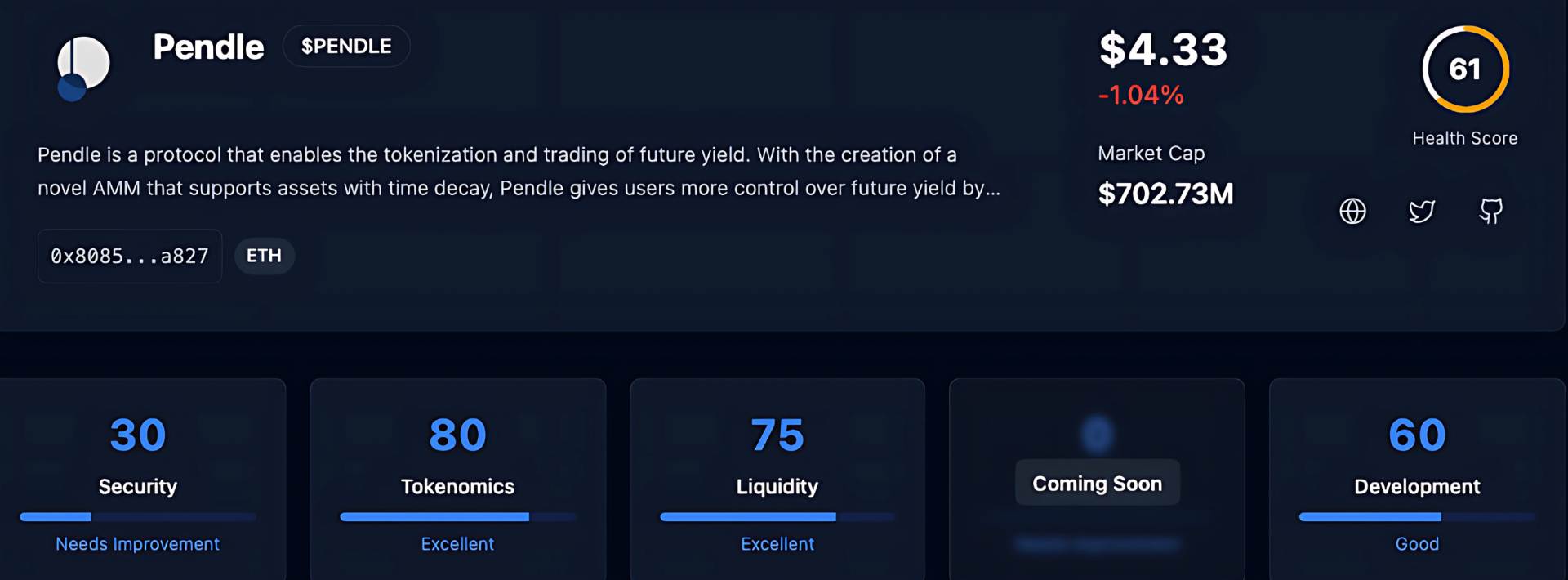 Token profile card for Pendle on TokenHealthScan platform showing live price, market cap, health score, and individual scores for security, tokenomics, liquidity, and development