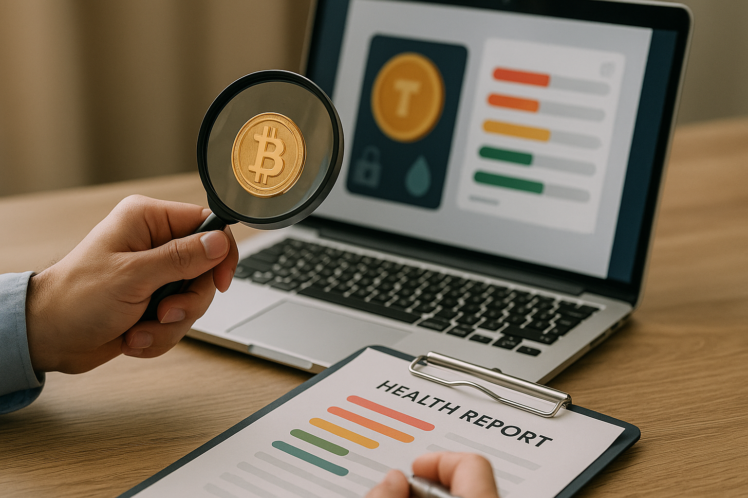 Photo of a person holding a magnifying glass over a Bitcoin token, with a laptop displaying a token health report in the background, symbolizing token scanning analysis