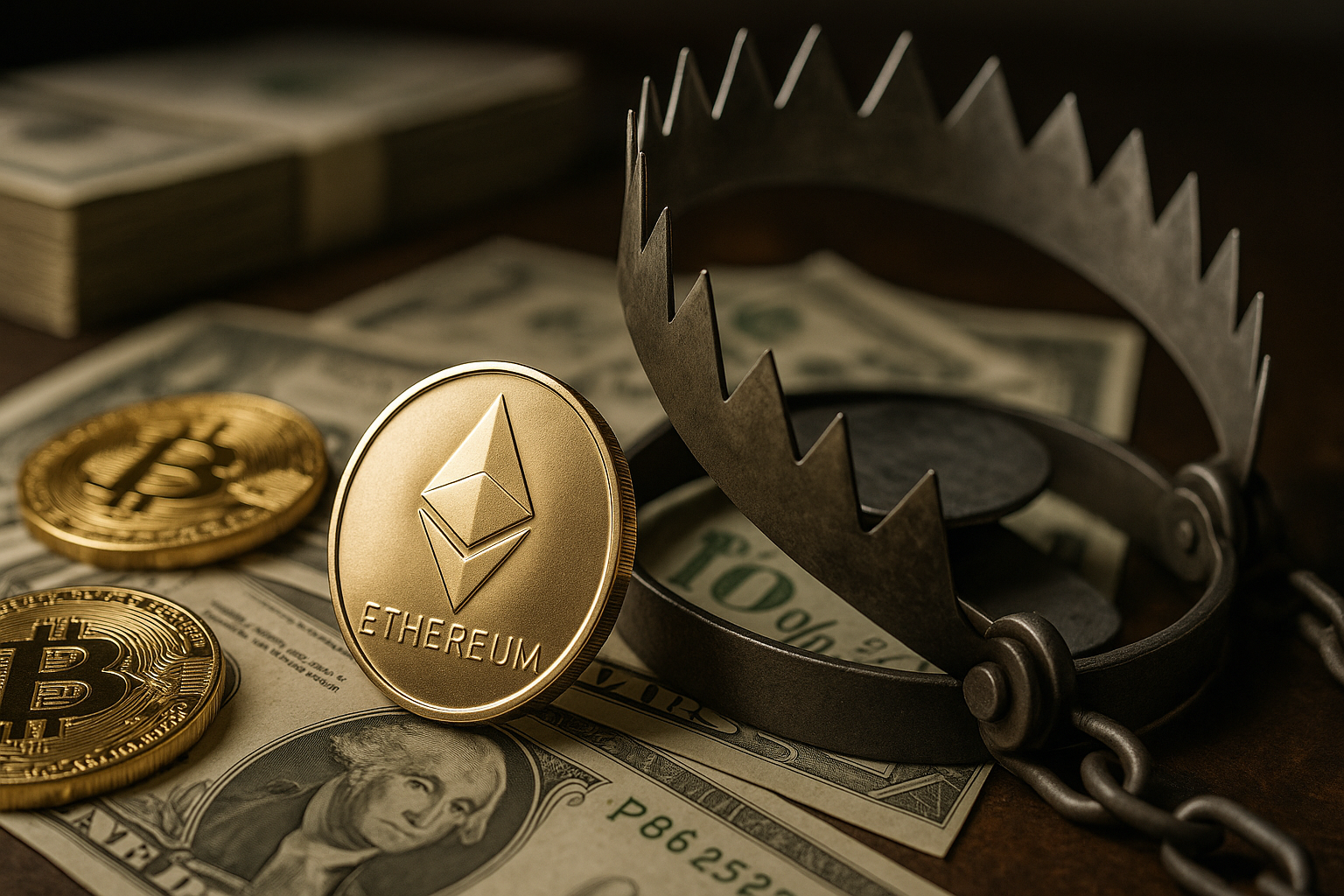 Photo of Ethereum and Bitcoin coins on top of dollar bills next to a bear trap, illustrating the financial dangers of crypto scams like rug pulls and honeypots