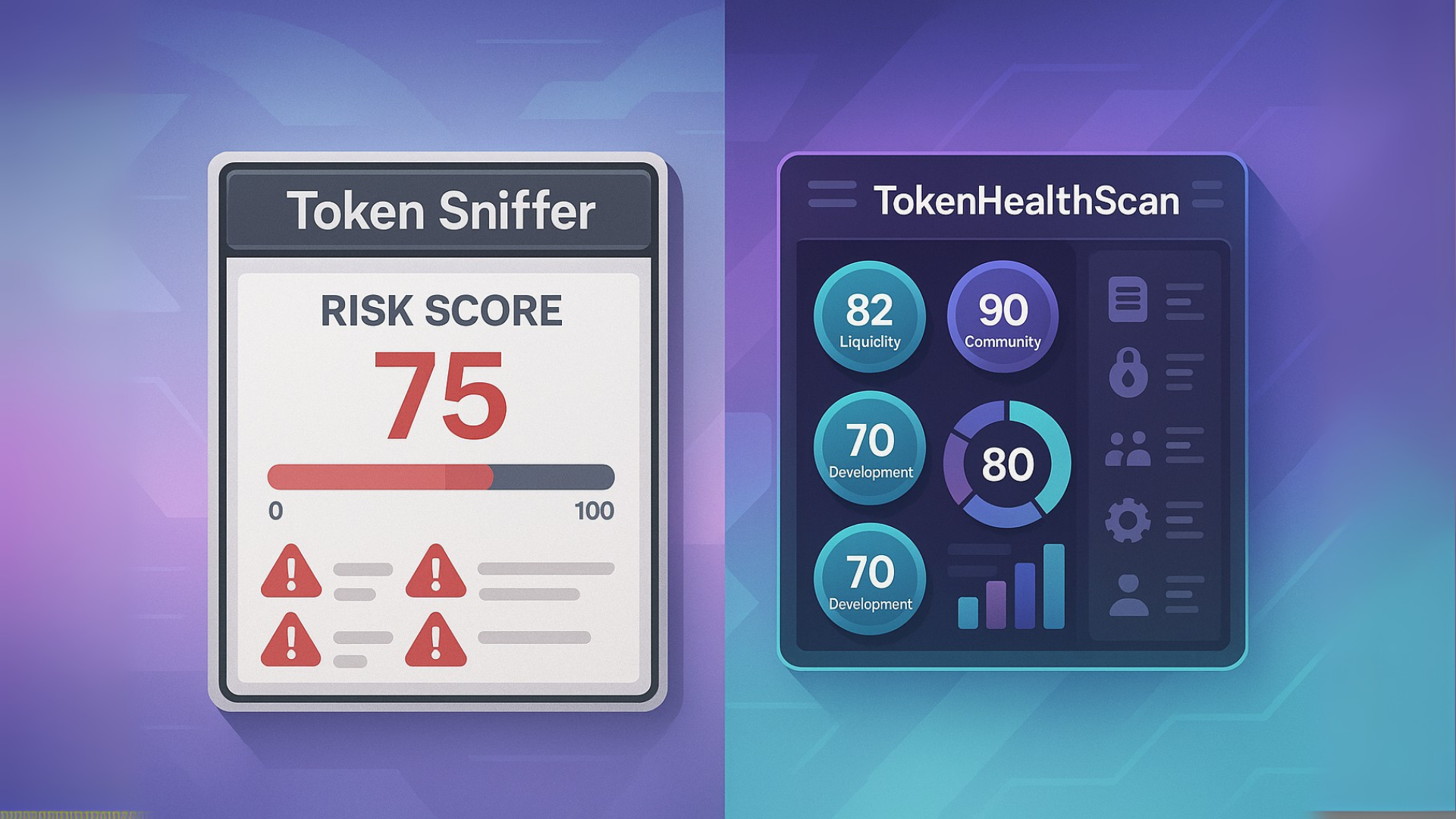 Split-screen image comparing Token Sniffer's basic interface with TokenHealthScan's modern, full-featured dashboard for analyzing crypto tokens
