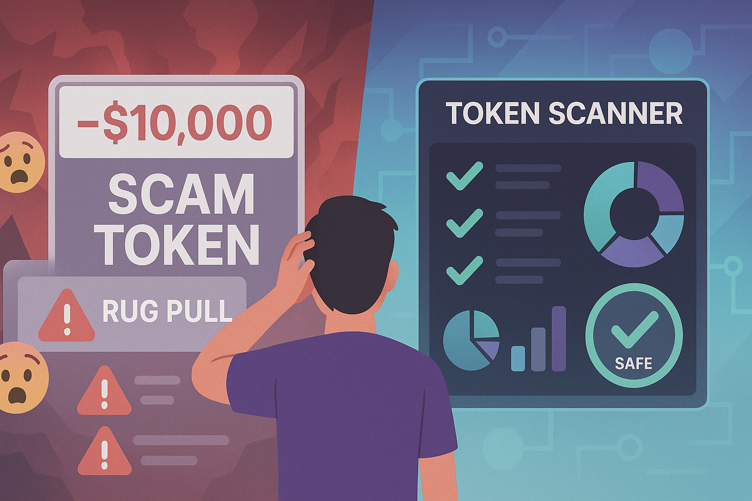 Illustration showing the contrast between investing in a scam token without scanning versus using a token scanner to verify safety and fundamentals in Web3